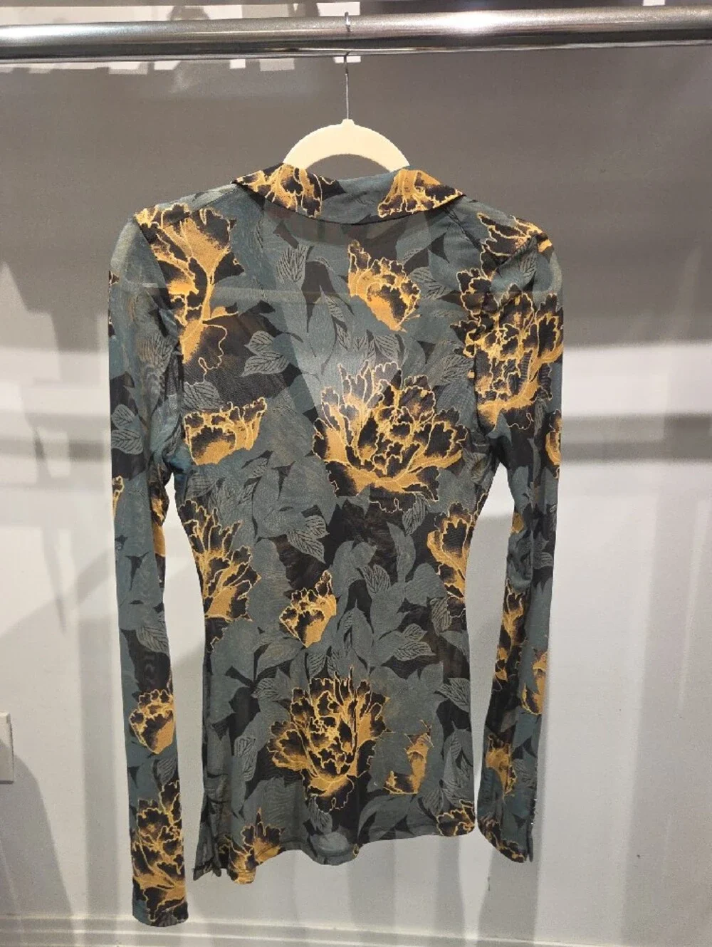 Free People Ruched Floral Button-Front Long Sleeve Top in Mustard and Sage
